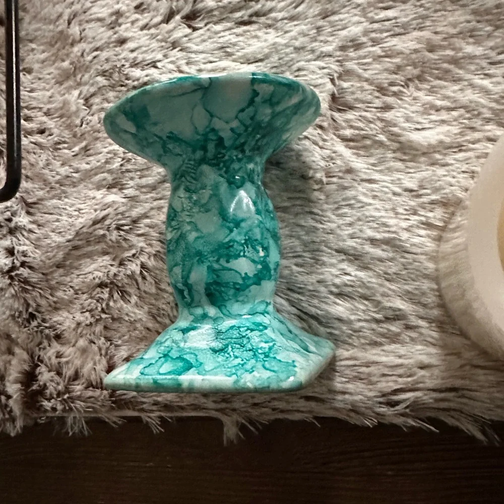 Hand made artisan marble look shades of blue ceramic pillar candle holder